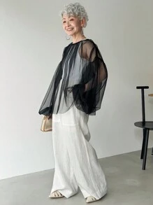 FRIFUL 女式黑色纯色圆领灯笼袖透明网眼面料多层宽松休闲百搭衬衫，适合度假、郊游、机场旅行 - 黑色 - 查看 2