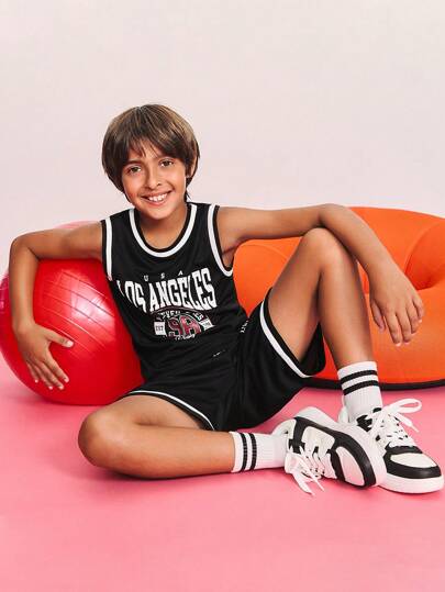 SHEIN 青少年男孩宽松休闲简约舒适圆领无袖撞色边背心和短裤套装