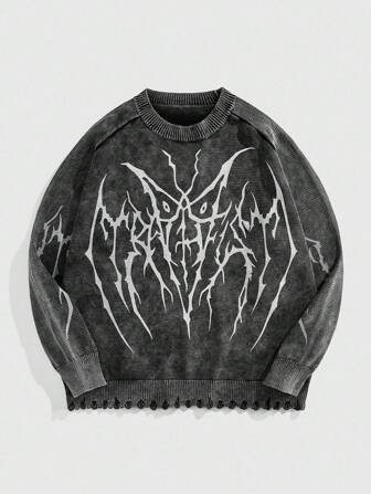 Street Life Suéter de punto con cuello redondo y patrón de línea asimétrica para hombre