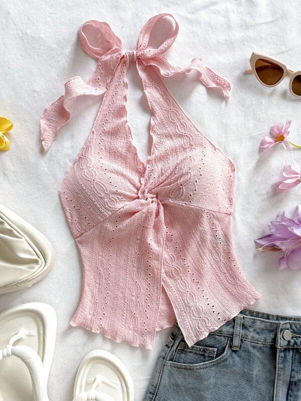 Soleia Plus Size Pink Jacquard Halter Tie Knot Blouse Pink Halter Top Pink Tie Top Pink Summer Top