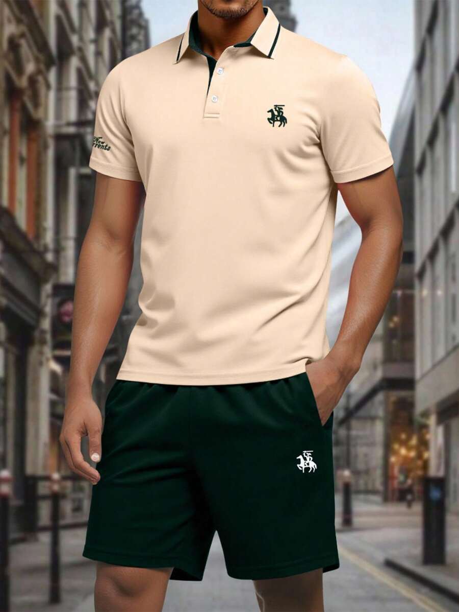 Manfinity Homme 2 件男士休闲马图案短袖 Polo 衫和短裤套装，夏季 - 彩色 - 查看 1