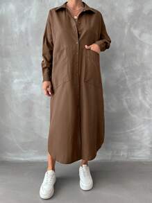 SHEIN Cottnline 捲邊袖口袋貼片開衩大腿襯衫洋裝 - 咖啡 - 查看 5