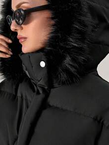 Women's Solid Color Long Sleeve Zipper Collar Faux Fur Hooded Winter Jacket - Black - View 6