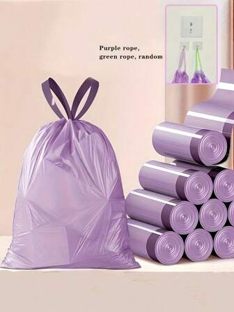 50/100个装糯米紫色抽绳垃圾袋一次性加大加厚家用厨房清洁袋自动封口塑料袋适用于厨房、浴室、卧室、客厅、家庭使用 - 便携式垃圾袋