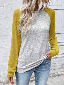 SHEIN LUNE 女式撞色圆领插肩袖休闲宽松运动衫套头衫秋季 - 彩色 - 查看 3