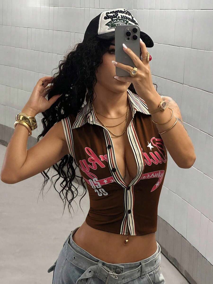 StreetHx Women's Casual Street Style Patchwork Contrast Color Letter Print Shirt - Coffee Brown - View 1