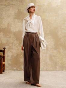 Arave Pantalones casuales plisados de diseño de cuero sintético estilo francés holgado para ir al trabajo, vuelta al colegio, otoño, primavera - Café integral - Ver 5