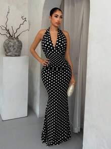 SHEIN SXY 黑白波点优雅挂脖鱼尾下摆连衣裙 - 黑與白 - 查看 5