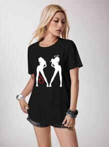 BiGraphic Women's Casual Angel & Devil Graphic Round Neck Short Sleeve T-Shirt, Summer Women Graphic Tshirt Women Tshirts Woman Graphic Tees Angel And Devil Tshirt Angel Devil Graphic Tee Suitable For Going Out - Black - View 4