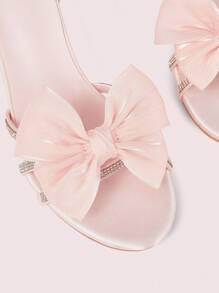 CUCCOO DOLLMOD 8.6cm Thick Heel Fashion Strap High Heel Round Toe Sandals, Pink Satin Fabric Bow Decor + Rhinestone Strap Craftsmanship - Pink - View 7