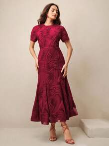 Anewsta Váy ngắn cổ tròn họa tiết hoa xếp nếp viền bèo nhún cho kỳ nghỉ ở bãi biển & ngày lễ tình nhân - Màu Đỏ Sâu - Xem 4