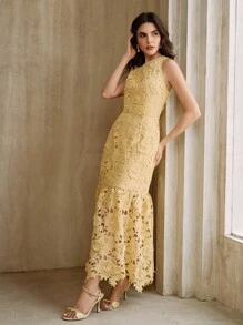 Váy ôm sát ren hoa cổ yếm dành cho nữ, thanh lịch cho mùa hè, lễ hội, ngày lễ, kỳ nghỉ - Màu vàng - Xem 7
