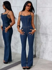 SHEIN Tall 高个女式纯色细肩带紧身系带水洗牛仔连体裤，Y2K 风格蓝色牛仔紧身连体裤 - 深色水洗藍 - 查看 5