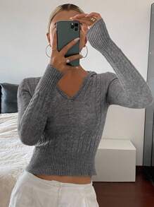 DAZY Áo len chui đầu dệt kim cáp ngắn bó sát có mũ trùm đầu cho nữ, quần áo mùa thu cho nữ, áo crop top cho nữ - Xám - Xem 5