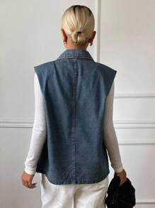 DAZY 女士夏季翻领无袖宽松休闲牛仔夹克和外套 - 中等水洗藍 - 查看 5