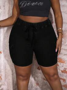 Slaydiva Quần short denim skinny cạp cao gợi cảm cỡ lớn - màu đen - Xem 3