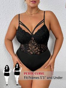 SHEIN PETITE CURVE Plus Size Sexy Contrast Lace Hollow Out Sleeveless Bodysuit, Summer - Black - View 1