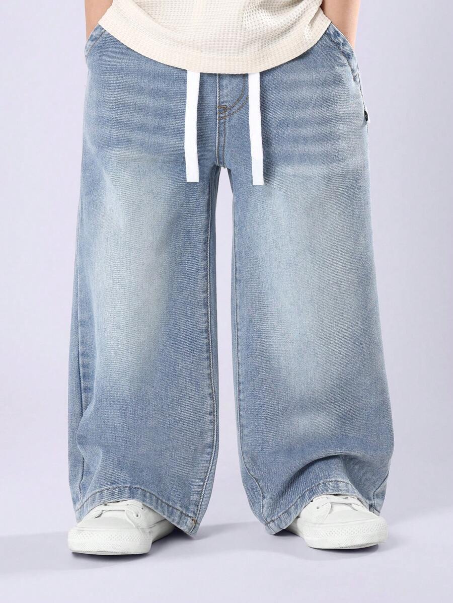 Quần jeans ống rộng SUMWON dành cho bé trai, dáng suông thoải mái, cạp cao, dây rút co giãn, thoải mái khi mặc hàng ngày, thời trang đường phố, mùa xuân thu, sành điệu cho kỳ nghỉ thu đông. - Rửa nhẹ - Xem 1