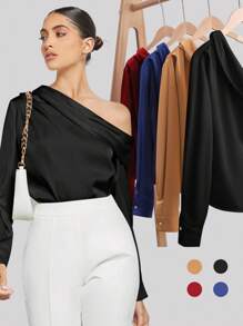 BizChic 女士不对称设计褶皱肩部宽松长袖缎面衬衫，都市通勤基本款简约优雅时尚商务休闲风，适合教师和办公室穿着 - 黑色 - 查看 3