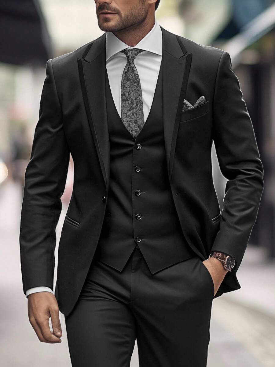 Calvornis Men's Solid Color Lapel Neck Long Sleeve Blazer And Pants Suit, Fashionable Casual Everyday Wear, Old Money - Black - View 1