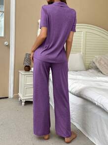 SHEIN 柔软亲肤纽扣开合上衣和裤子时尚家居睡衣套装 - 紫色 - 查看 2