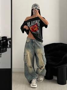 StreetHx Women's Summer Loose Asymmetrical Shoulder T-Shirt, Punk Street Chic Lip Print Black Short Sleeve Oversized Off Shoulder Tee - Black - View 4