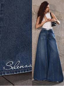 Selenza 女式英式刺绣超大阔腿牛仔裤 - 藍色 - 查看 1