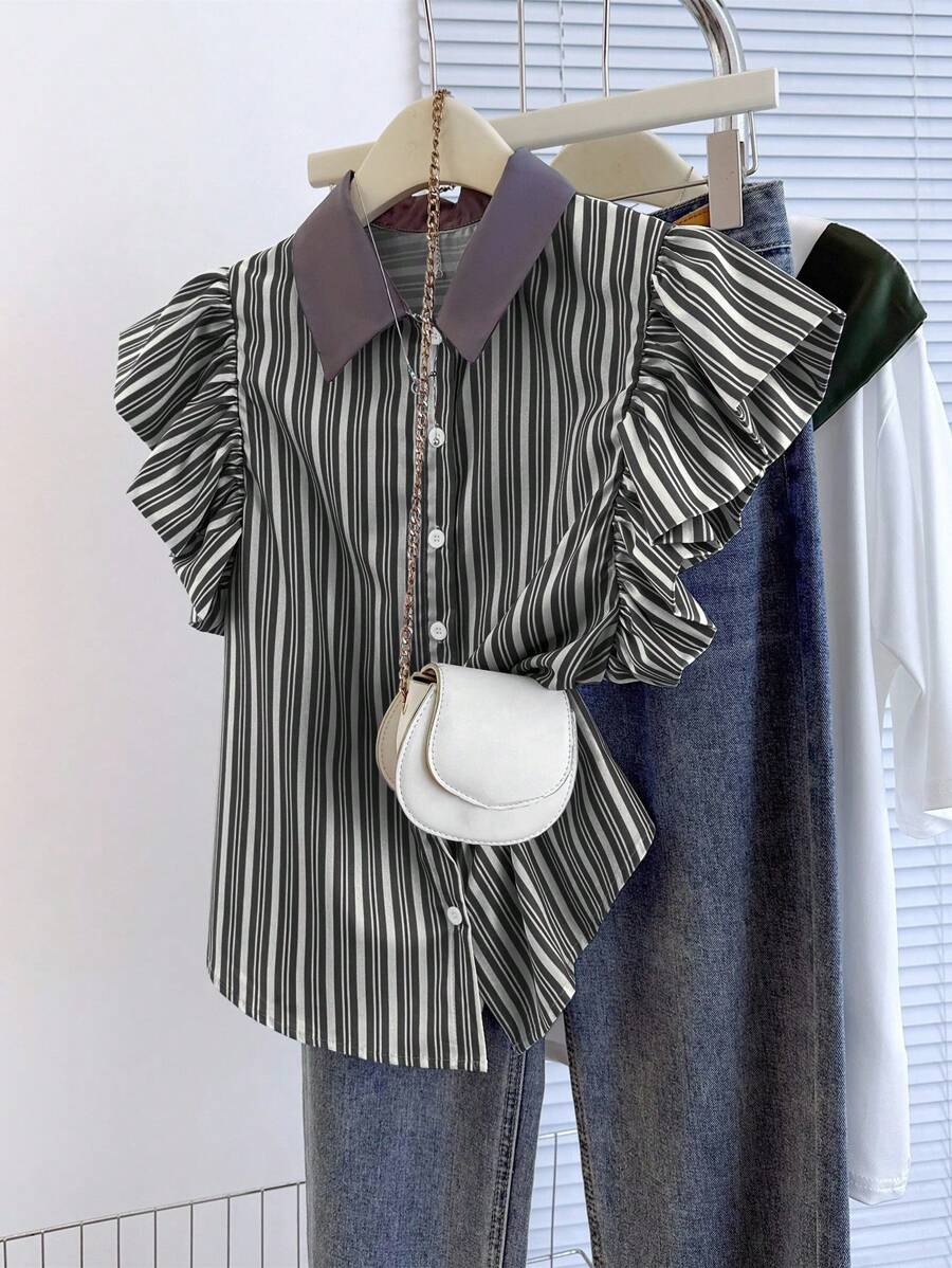 女式休闲条纹荷叶边下摆衬衫，夏季 - 黑與白 - 查看 1