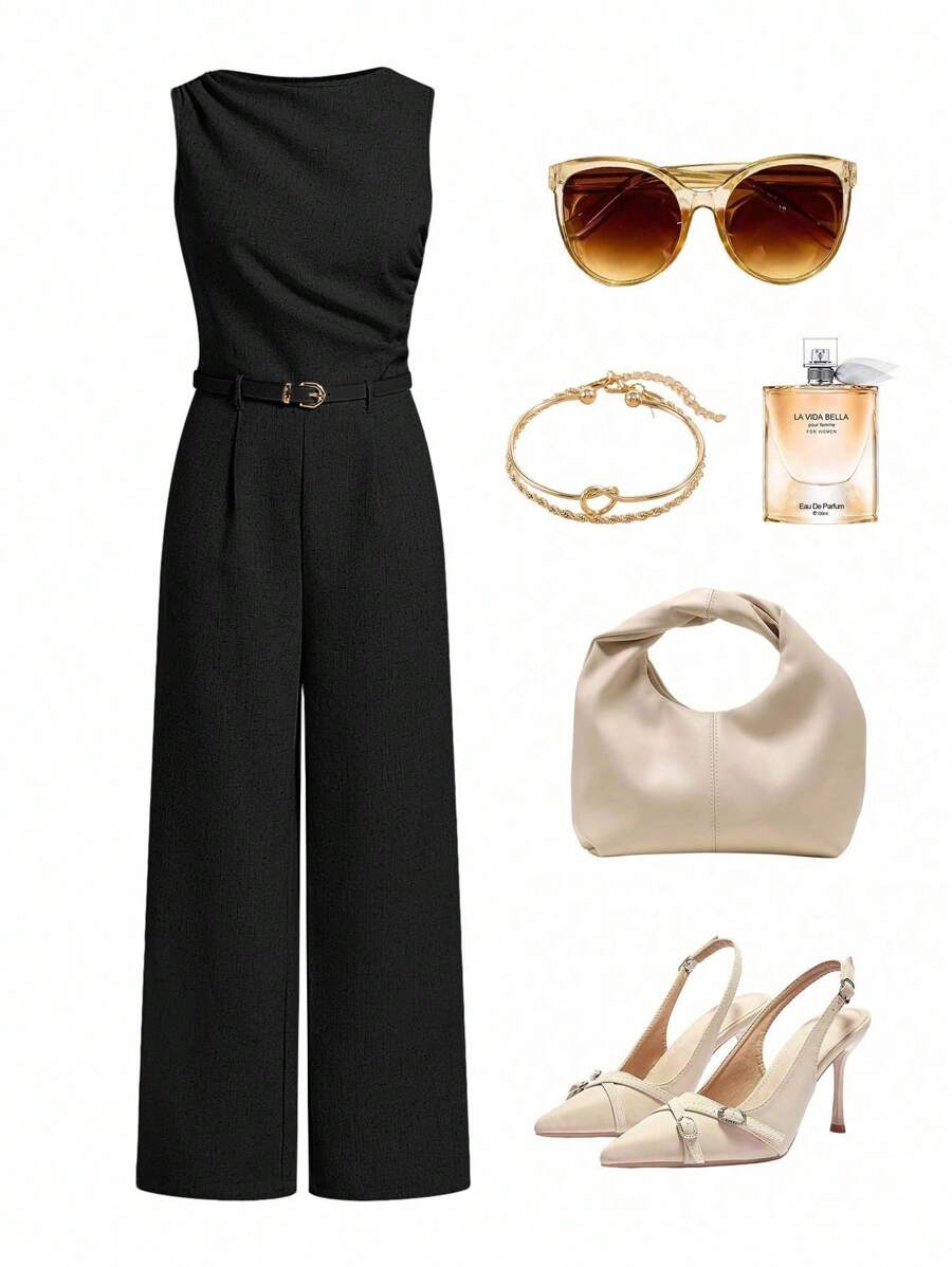 Ellevyn Women's Fashionable Sleeveless Solid Color Jumpsuit, Summer