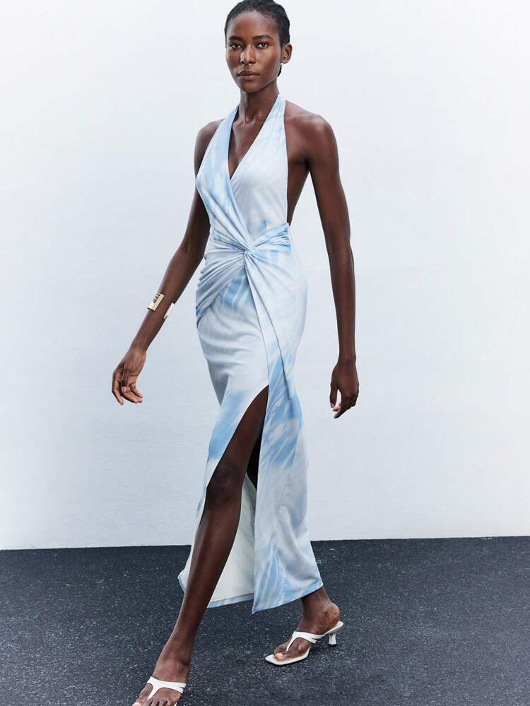 SHEIN Maija Women's Tie-Dye Print Halter Twist Maxi Dress, Elegant Romantic Bohemian Style Sleeveless Long Dress For Beach Holiday, Wedding Guest, Open Shoulder, Satin Fabric, Fall Clothes