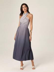 Modelyn Women's Ombre Pleated Hem Criss-Cross Neck Elegant Mid-Length Dress