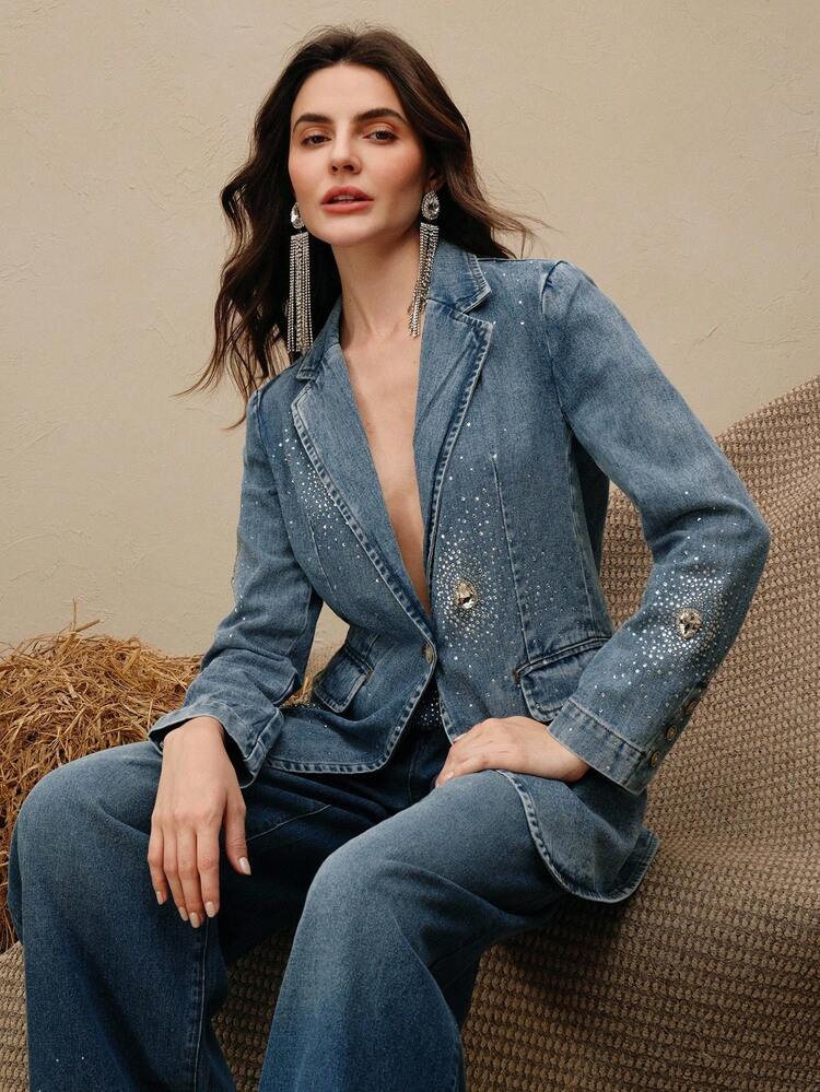 Veste en jean ample ornée de strass à la mode pour le transport en commun