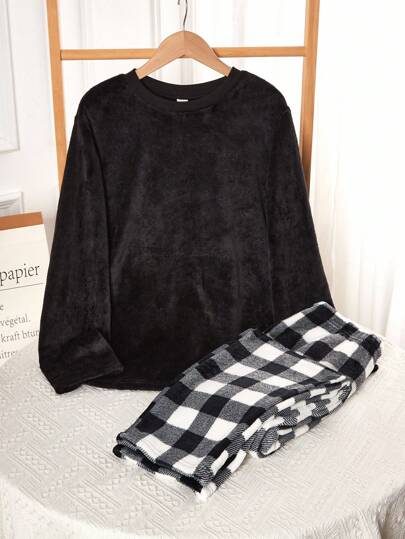 2 Stücke Lässiger Karomuster Langarm-Oberteil und Hose Loungewear Set für Teenager Jungen