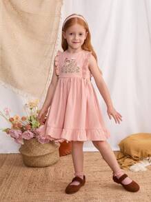 Blossori Young Girls' French Elegant Pink Floral Embroidered Ruffle Hem Sleeveless Dress, Spring/Summer - Pink - View 4