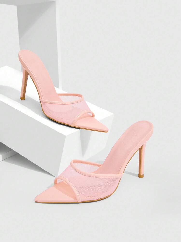 CUCCOO SZL Women's Pink PU Mesh Patchwork Sexy Pointed Toe Stiletto High Heel Mules
