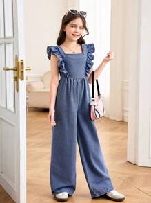 SHEIN Tween Girls Spring Summer Break Solid Washed Sleeveless Backless Openback Jumpsuit With Bowknot And Ruffle Trim,Casual Style And Casual Fit,Girls Summer Beach Boho Vacation Casual Outfits,Rave Concert Festival Outfits
