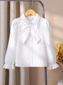 SHEIN 女童珍珠装饰肩泡泡袖衬衫，可拆卸蝴蝶结装饰，宽松版型，活力风格，舒适面料，适合与背带裙分层搭配或单独穿着，春秋季 - 白色 - 查看 3