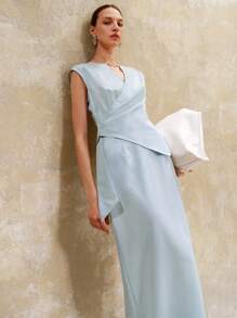 EMERY ROSE Conjunto de dos piezas elegante y casual de estilo "Old Money" para mujer, con top sin mangas de diseño plisado y falda asimétrica, en color azul cielo. Atuendo para mujer, maestras y negocios casuales. - Azul - Ver 2