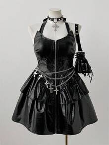 Sunspun Halloween Plus Size Dark Punk Cinched Waist Halter Crocodile Skin Print Dress - Black - View 1