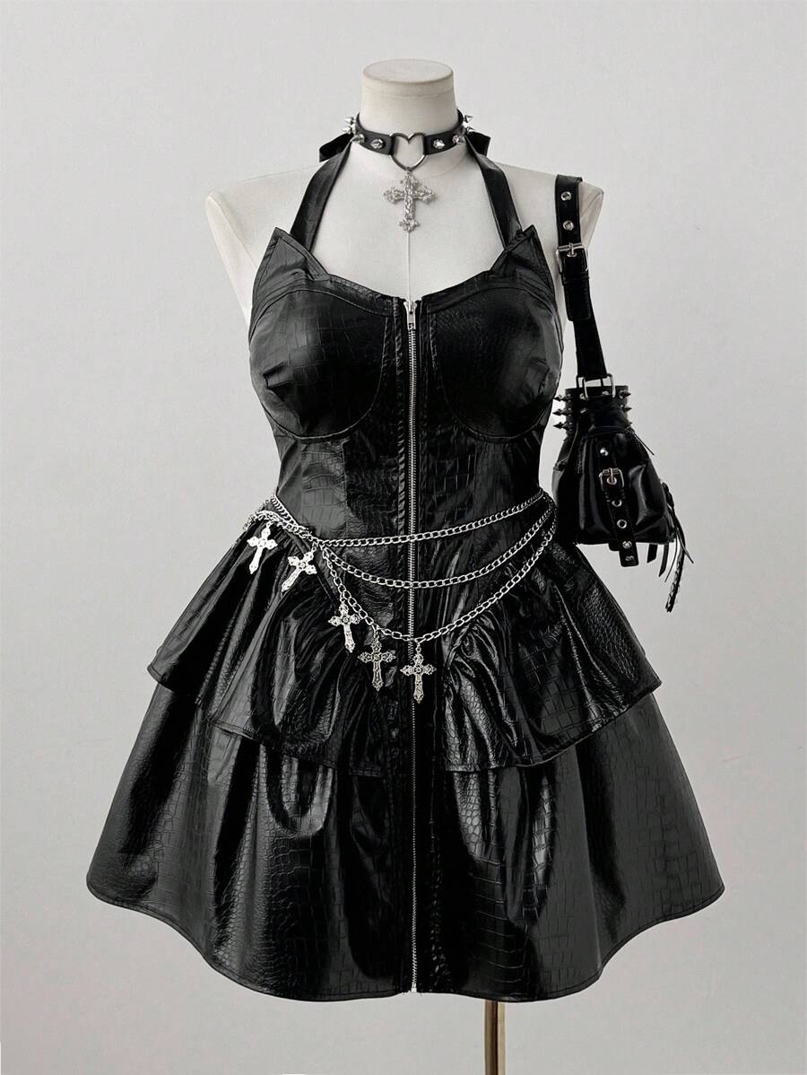 Sunspun Halloween Plus Size Dark Punk Cinched Waist Halter Crocodile Skin Print Dress - Black - View 1