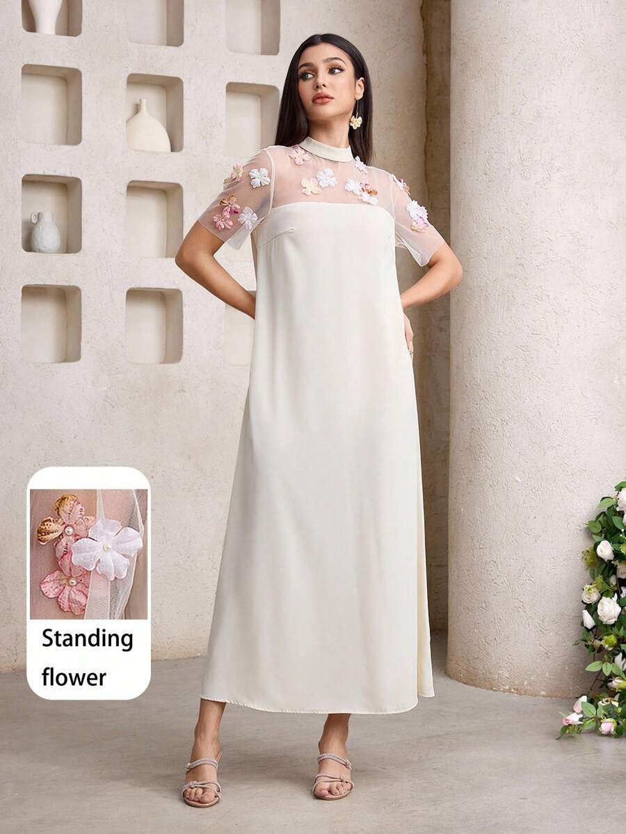 Al Najma 女式 3D 花朵装饰网眼拼布短袖阿拉伯风格连衣裙