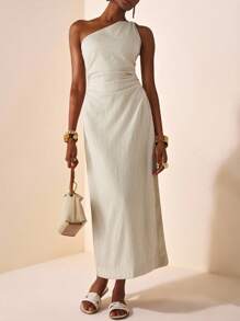 Zivah 2025 夏季新款休闲度假修身纯卡其色纹理编织单肩无袖侧褶女式长裙，通勤，海边，度假，旅行，邮轮，海滩，波西米亚风，游牧风，日常旅行，毕业，早午餐装，机场装，休闲，返校-A - 卡其色 - 查看 4