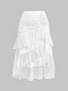 SHEIN MOD Falda elegante de encaje con cordón y bajo con volantes para mujer talla extra