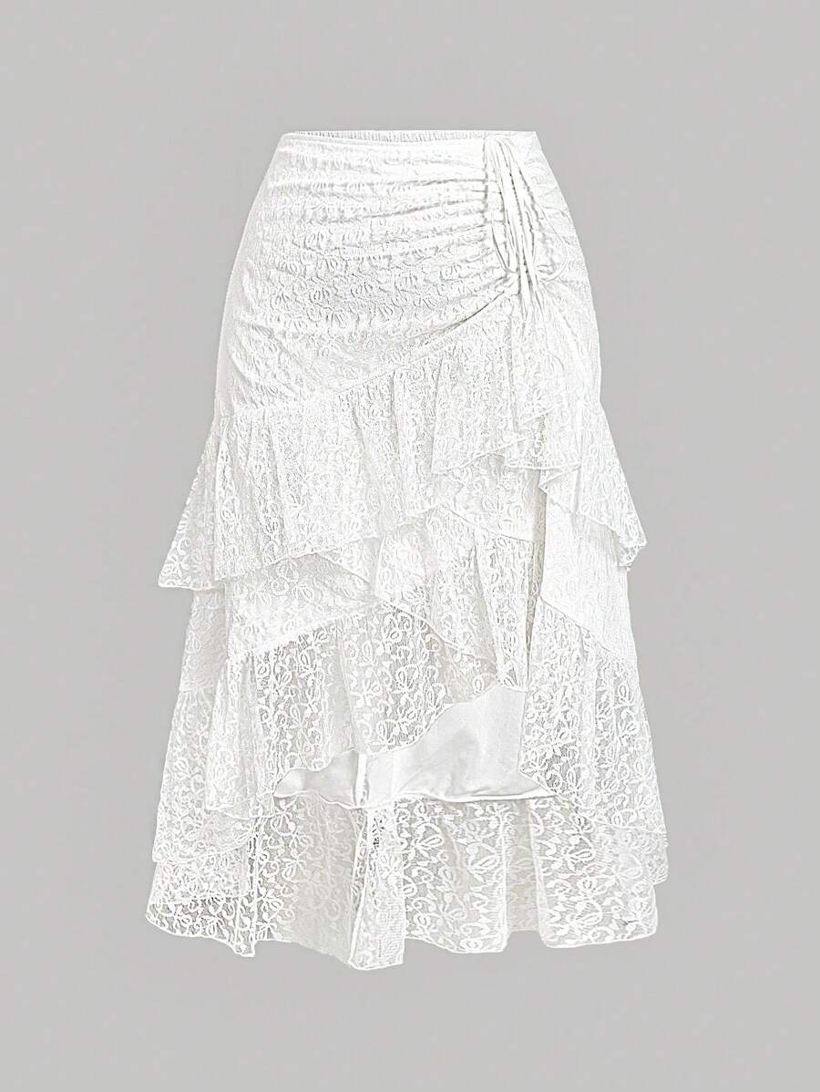 SHEIN MOD Falda elegante de encaje con cordón y bajo con volantes para mujer talla extra