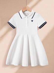 SHEIN Young Girl' Collegiate Style Solid Color Collar Heart Print Polo Dress, Suitable For Back To School, Daily Wear, Summer - White - View 1