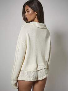 COSMINA 2pcs Women's Set: Dropped Shoulder Long Sleeve Single-Breasted Knit Cardigan And Floral Decor Knit Shorts Autumn Winter Clothes For Women - Beige - View 2