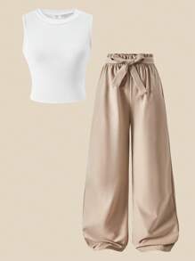 SHEIN 2pcs/Set Teen Girl Fitted Sleeveless Crew Neck T-Shirt And Loose Casual Wide Leg Pants Set Outfit Set Pants And Top Set - White - View 6