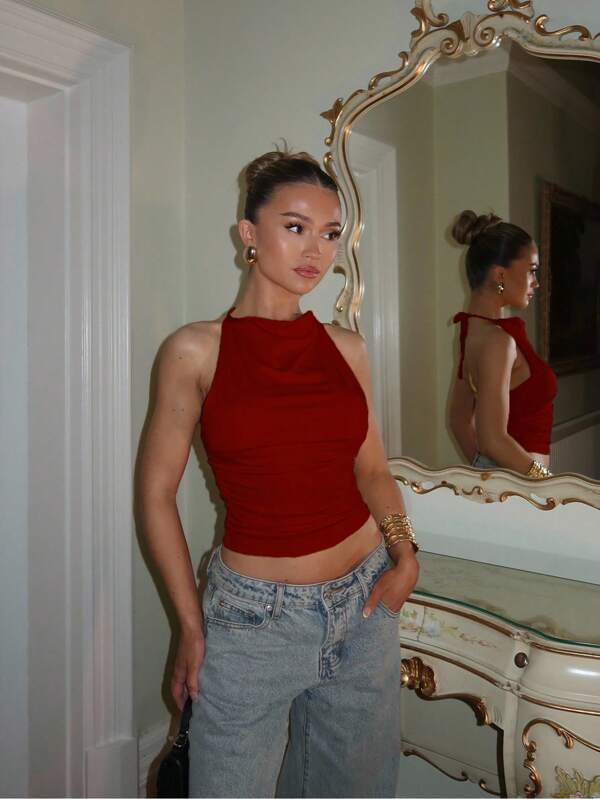 Glamine 1 pieza Camiseta de tirantes corta y ajustada con pliegues de color rojo sólido y espalda descubierta, para Halloween