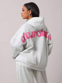 Radiana 休闲宽松保暖内衬浅灰色连帽衫，秋冬超大号粉色字母印花套头连帽衫，街头风格运动服，家居服 - 灰色 - 查看 4