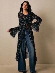 Poéselle Áo dài chấm bi trong suốt buộc phía trước với tay chuông loe | Áo lưới, Áo trong suốt chấm bi, Áo cánh buộc phía trước cho nữ, Áo khoác cardigan dài, Áo lưới tay chuông, Áo choàng voan, Lễ hội Y2K, Áo cánh tay lửng, Áo sơ mi dài tay loe in chấm bi cho nữ, Thích hợp mặc hàng ngày, Đi chơi, Đi làm, Ở nhà, Hẹn hò, Kỳ nghỉ, Hòa nhạc đồng quê, v.v. Phụ nữ mùa thu - màu đen - Xem 4
